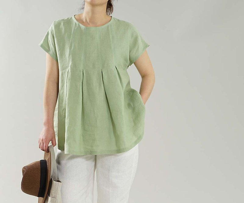 wafu - 亞麻T恤 Lightweight Linen Double-pleated Top / Pastel Green t039a-meg1 - เสื้อผู้หญิง - ลินิน สีเขียว