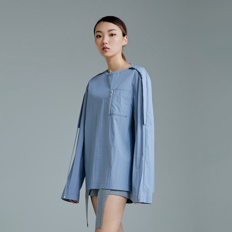 長袖垂繩上衣 - 女上衣/長袖上衣 - 棉．麻 藍色