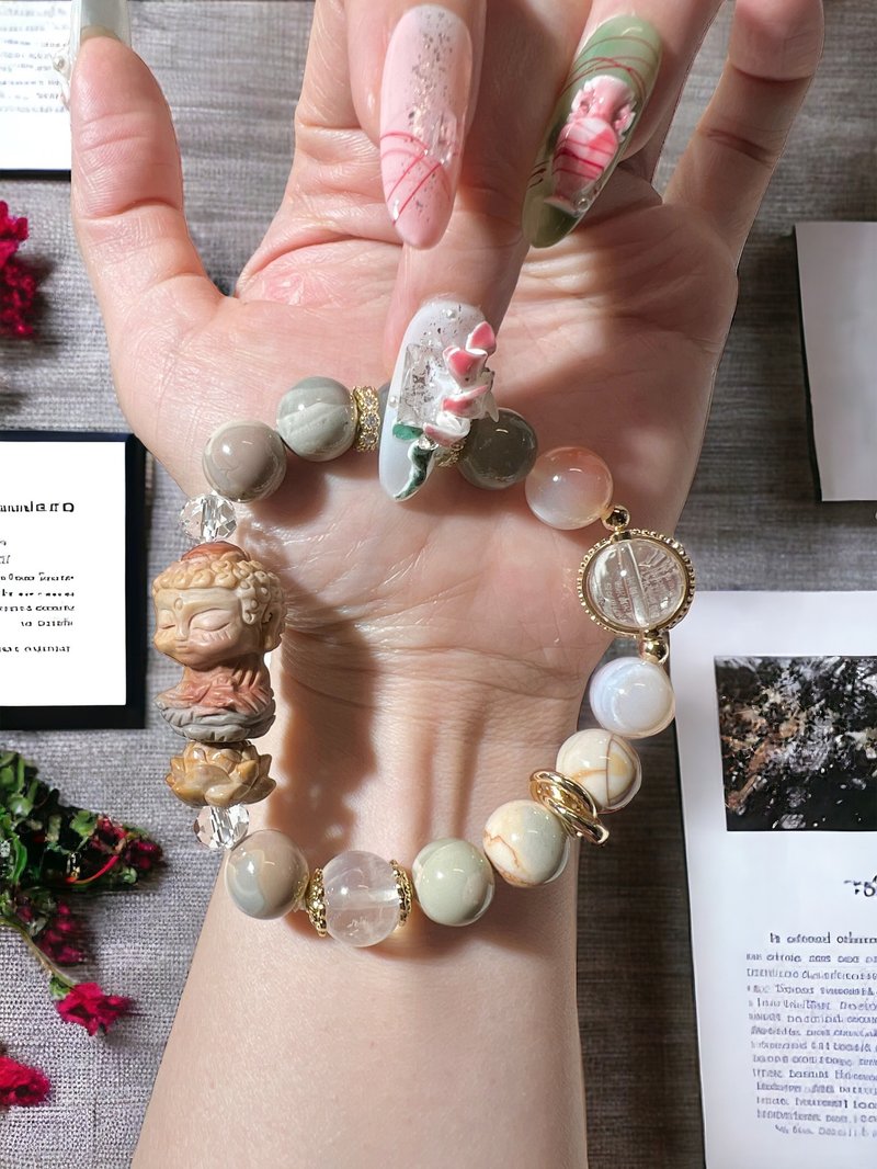 Alxa Agate Three-Color Tathagata Buddha Diamond Sutra to ward off evil spirits and protect peace Bracelet and beads Mother's Day gift - สร้อยข้อมือ - คริสตัล 