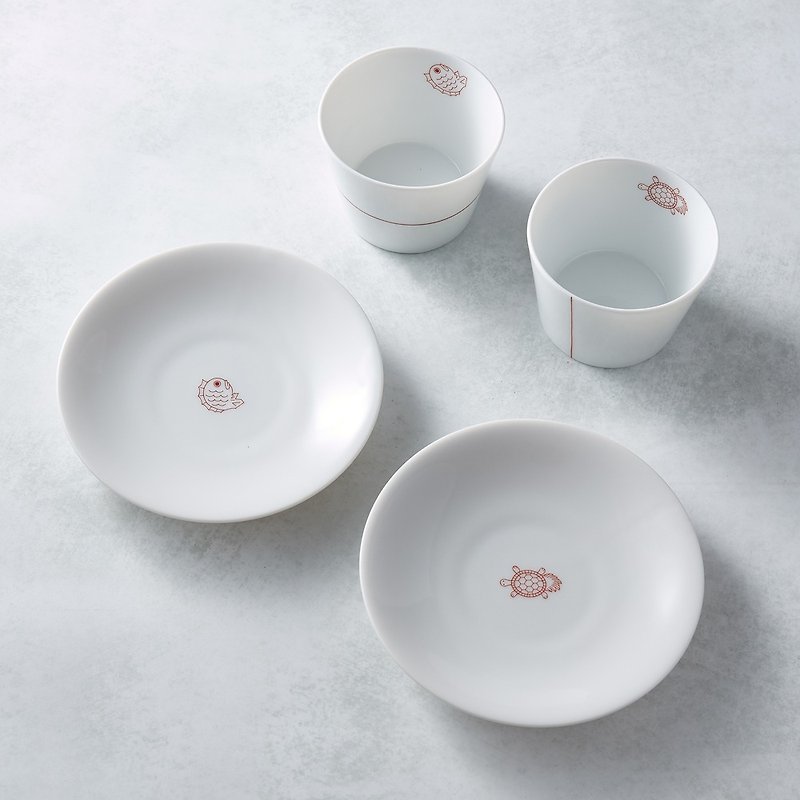 Japanese Mino-yaki-Origin Blessing Cup and Plate Gift Set (4 pieces) - ถ้วย - เครื่องลายคราม ขาว
