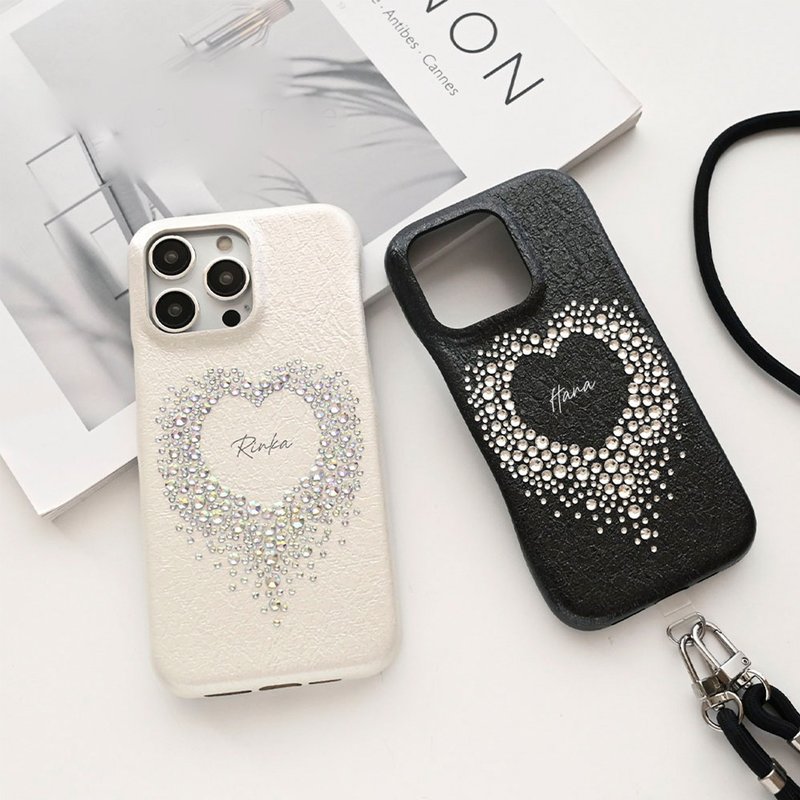 Phone Case [Marutto Heart Deco with Personalization] Smartphone Shoulder Strap, Rhinestone Heart Deco with Attachment BE20U - เคส/ซองมือถือ - หนังแท้ ขาว