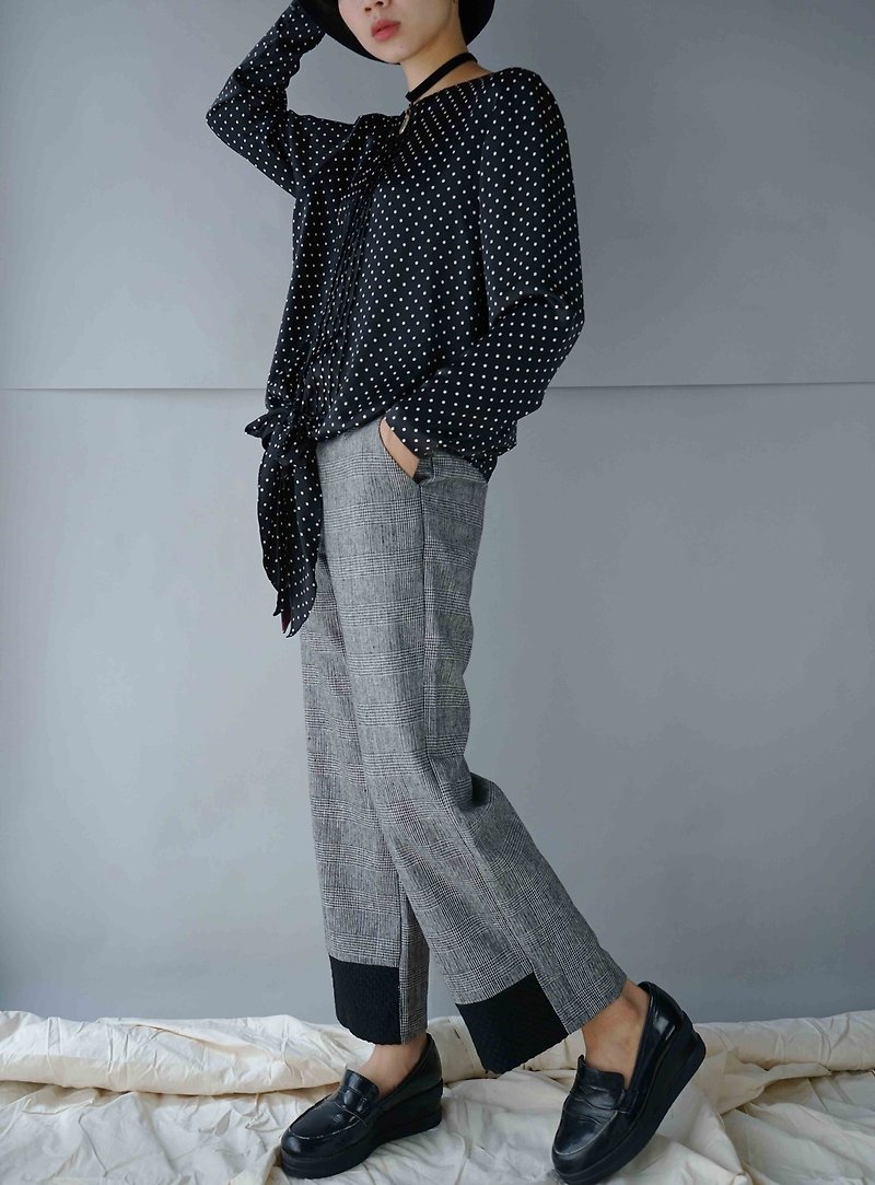 Restyle retrofit vintage - black gray Glenn plaid stitching pants straight trousers - Women's Pants - Polyester Gray