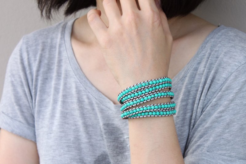 Beaded Bracelets Wrap Turquoise Grey Contrast Bracelets Men Unisex 5x - สร้อยข้อมือ - หิน สีเขียว