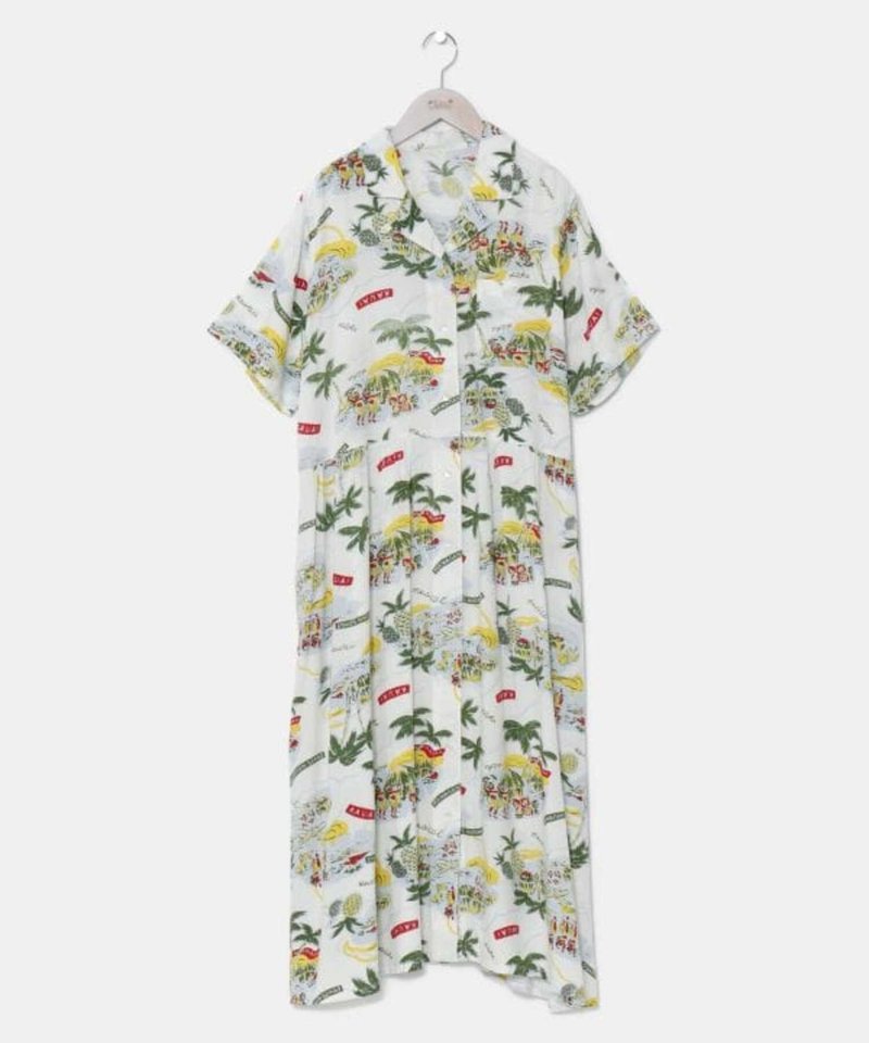 [Part in stock] Refreshing holiday Hawaiian shirt short-sleeved dress (3 colors) 4IA-4107 - ชุดเดรส - วัสดุอื่นๆ 