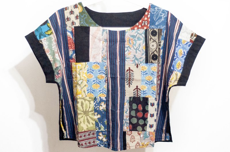 Woodblock Printed Cotton Top Indian Pure Cotton Patchwork Wide Top Indian Hand Stamped Women's Clothing-Flowers - Women's T-Shirts - Cotton & Hemp Multicolor