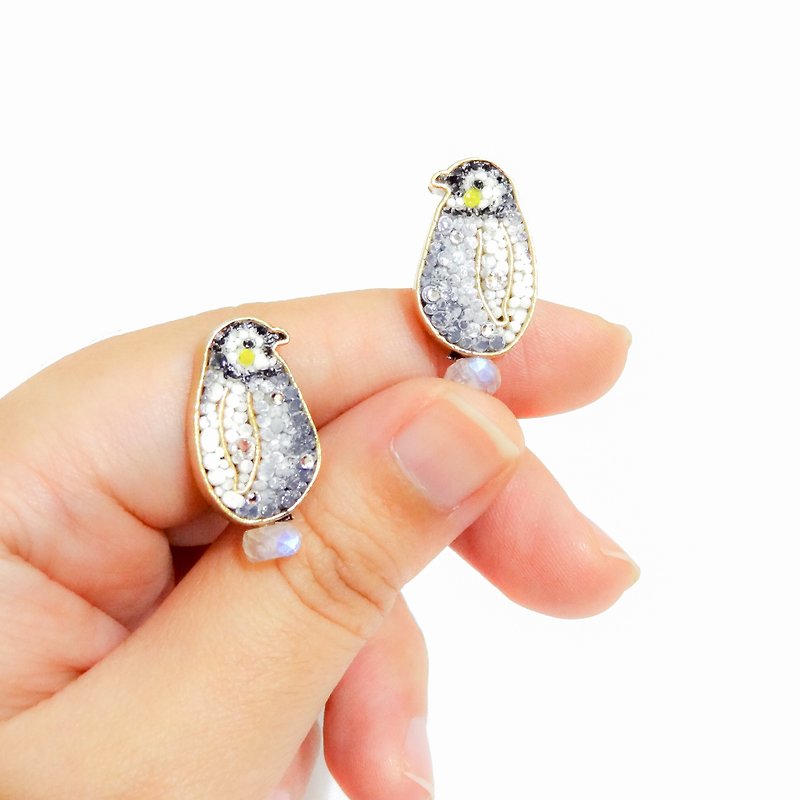 Handmade Jewelry Mosaic Mosaic Series King Penguin Baby Moonstone Earrings Pre-Order - Earrings & Clip-ons - Enamel 