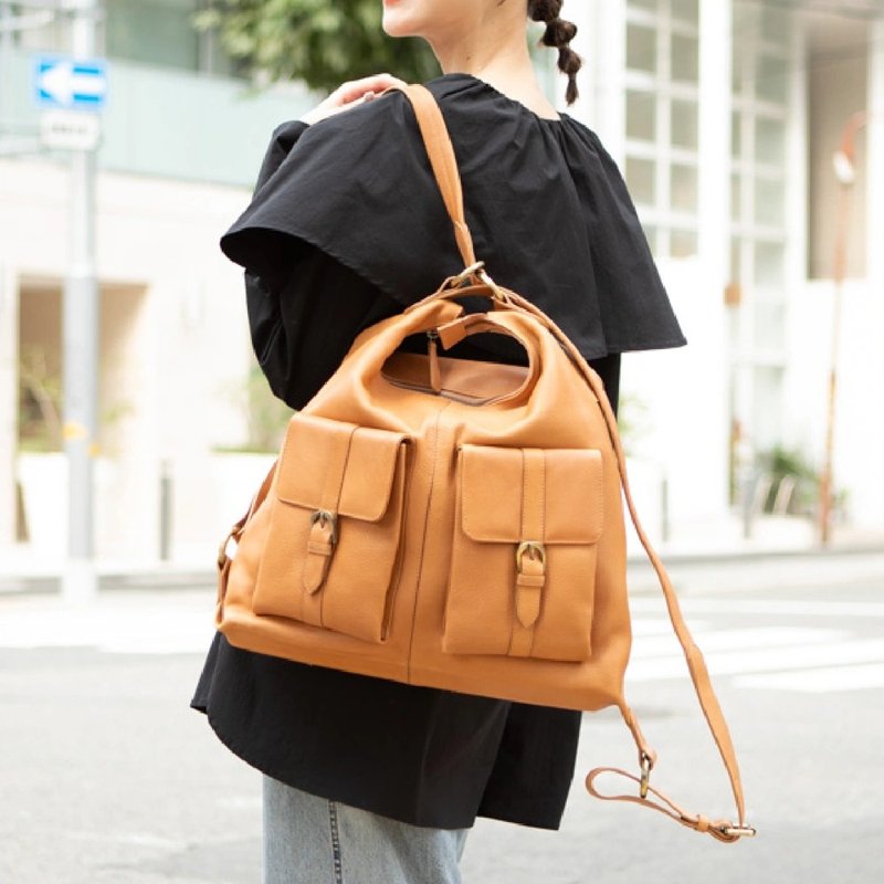 Backpack, cowhide leather, 2-way tote bag, shoulder bag, large size, large capacity, Japan [Beige] HAB008 - กระเป๋าเป้สะพายหลัง - หนังแท้ สีนำ้ตาล