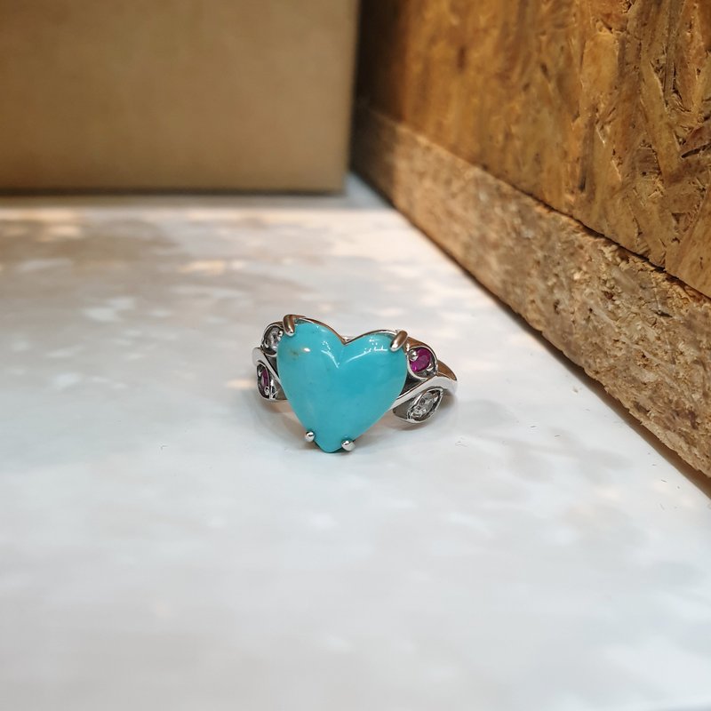 Turquoise ring set with Ruby and White zircon, 925 Silver - 戒指 - 半寶石 藍色