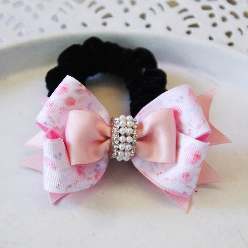 Spring is coming, pink flower bow small intestine ring - Hair Accessories - Cotton & Hemp Pink