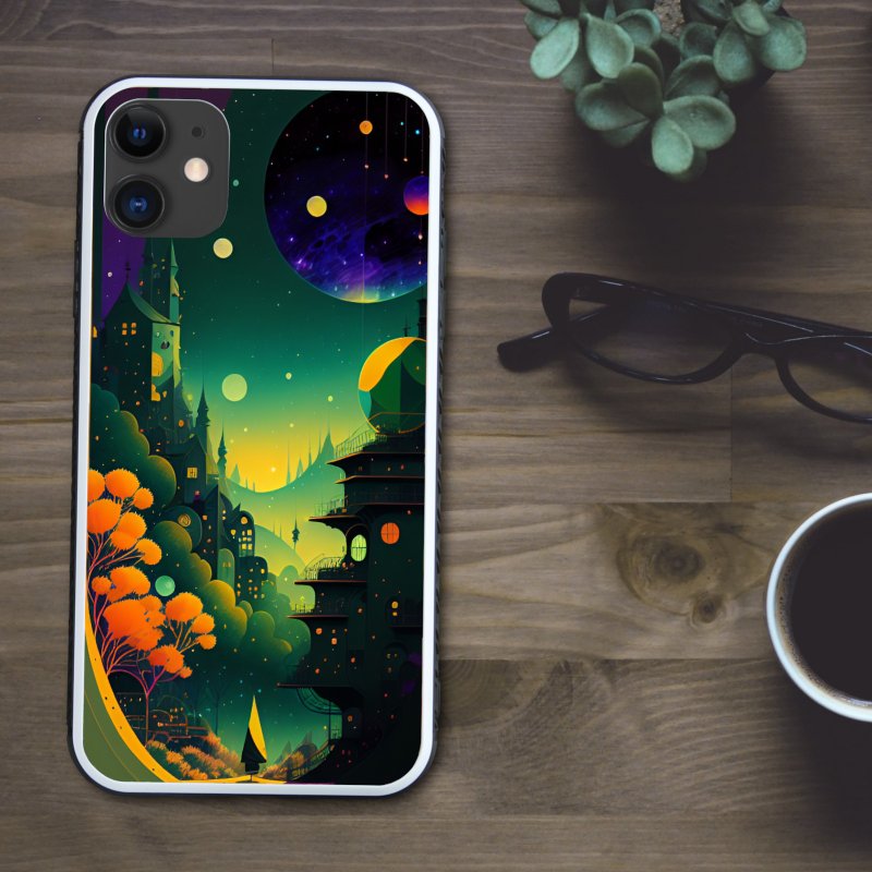 A smartphone case with gorgeous space and planets and stylish Western buildings [tempered glass finish] for iPhone 16 - เคส/ซองมือถือ - พลาสติก หลากหลายสี