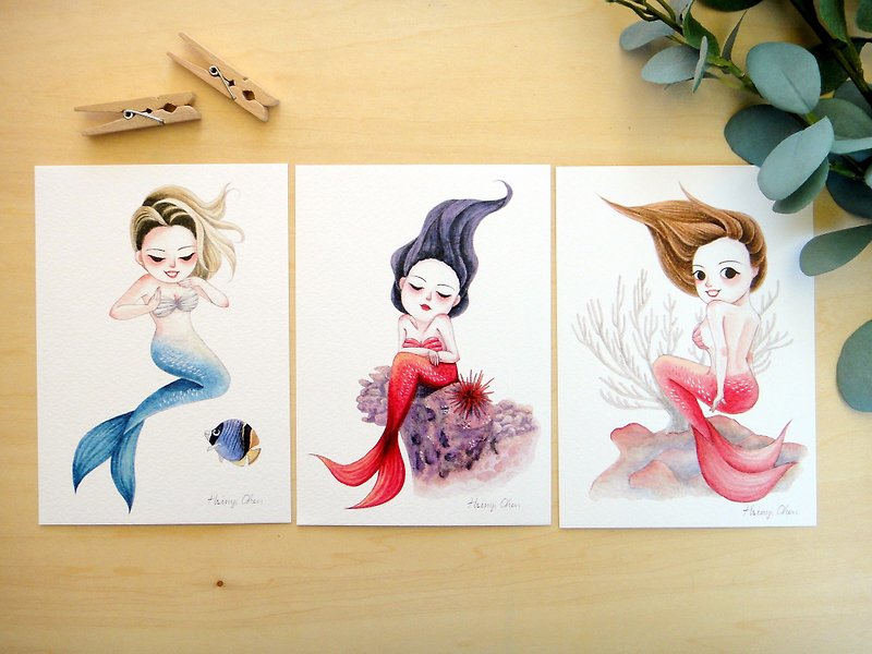 甜美人魚 水彩插畫明信片 套組 / 單張 萬用卡 藝術畫卡 共3款 - 卡片/明信片 - 紙 多色