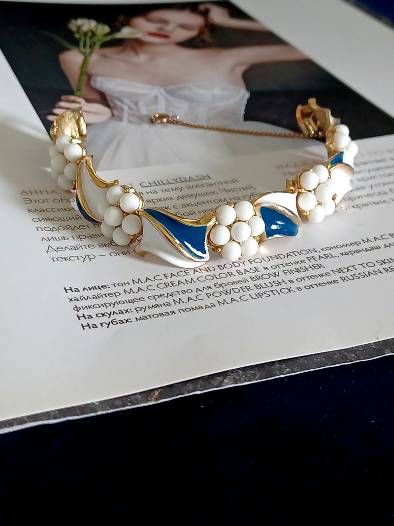 vintage jewelry  Trifari 古董藍白琺瑯珍珠花朵 手鍊 - 手鍊/手環 - 其他金屬 