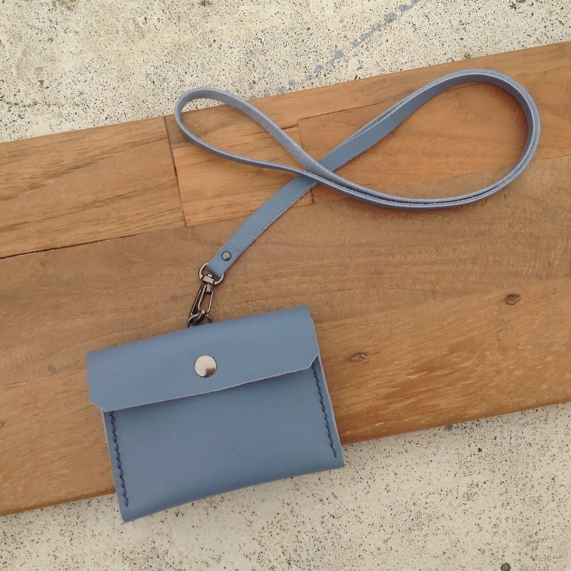 Horizontal identification document holder leisure card holder card can be hand-stitched leather back then leather aqua blue - ที่ใส่บัตรคล้องคอ - หนังแท้ สีน้ำเงิน