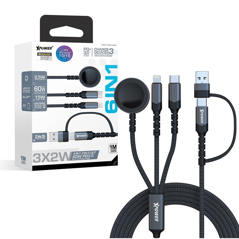 XPower 3X2W 6 in 1 2 out of 3 60W PD3.0 aluminum alloy transmission wireless charging cable - ที่ชาร์จ - โลหะ สีดำ