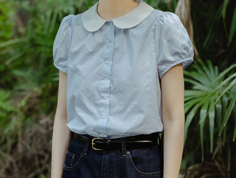 French retro three-dimensional jacquard color dot cotton collar short-sleeved shirt - เสื้อเชิ้ตผู้หญิง - ผ้าฝ้าย/ผ้าลินิน สีน้ำเงิน