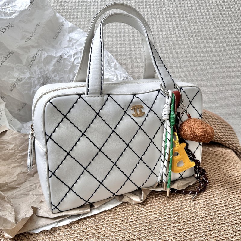 中古包 Chanel 香奈兒 黑白對比明線 Boston 包 - 手提包/手提袋 - 真皮 白色