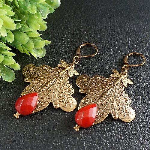 AGATIX Brass Dragonfly Cherry Ruby Red Marsala Maroon Large Long Earrings Jewelry Gift