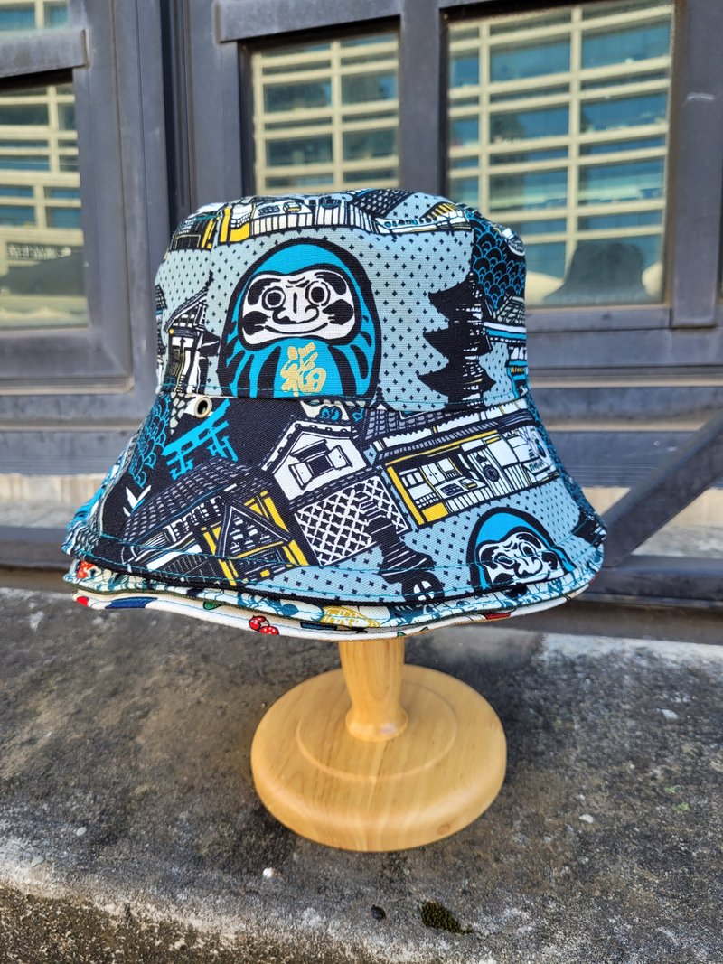 Zhizhizaza/Handmade double-sided fisherman hat-Kamakura Buddha-Blue - หมวก - ผ้าฝ้าย/ผ้าลินิน สีดำ