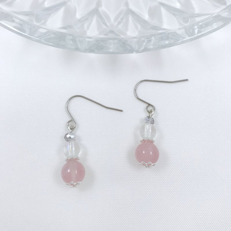 Grace. Natural pink crystal hand-made earrings, anti-allergic earrings, ear hooks, spiral Clip-On, peach blossoms, lovely temperament