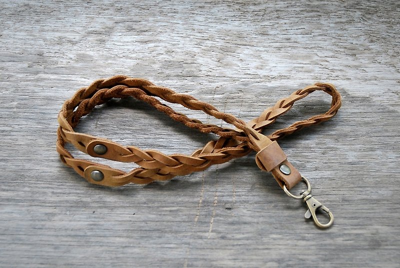 Tan Oil Leather braided lanyard, Leather keychain, leather key strap, Leather Neck Strap , Neck Lanyard unisex style - Keychains - Genuine Leather 