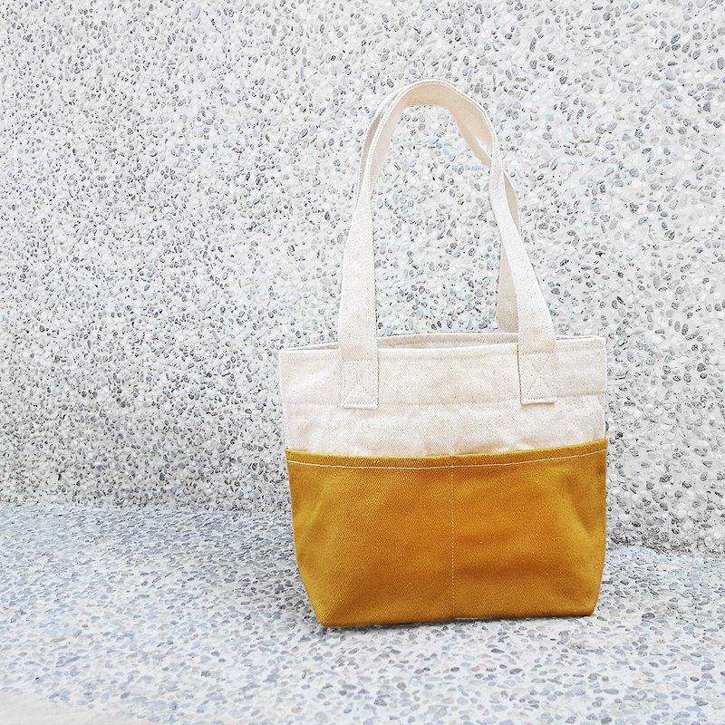 Thick canvas color dual-pocket handbag (shoulder bag / Tote bag) - mustard yellow - Handbags & Totes - Cotton & Hemp Yellow
