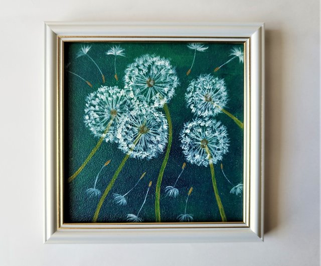 アクリル画　原画　「タンポポの咲くフィールド01」額縁付　F4サイズ　キャンバス オリジナルのアクリル画のタンポポの花の壁の装飾の絵画を