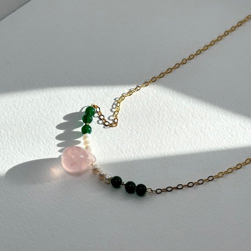 TH JEWELERY 【巨蟹座獅子|7月】水滴粉晶淡水珍珠綠瑪瑙鍍金項鏈 桃花人際