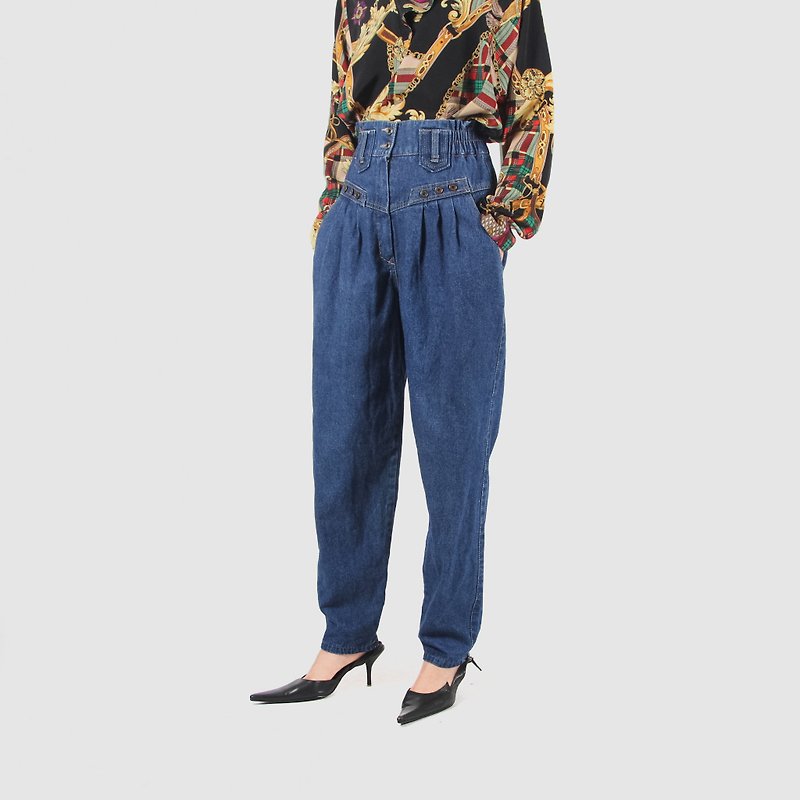 [Egg plant ancient] golden age high waist vintage jeans - กางเกงขายาว - ผ้าฝ้าย/ผ้าลินิน สีน้ำเงิน