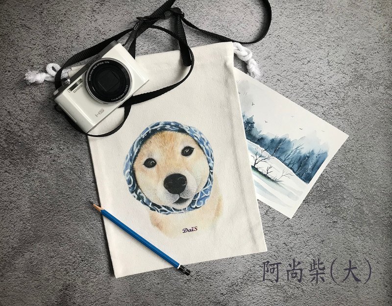 柴犬與貓咪 束口袋  大號一 - 化妝包/收納袋 - 棉．麻 白色