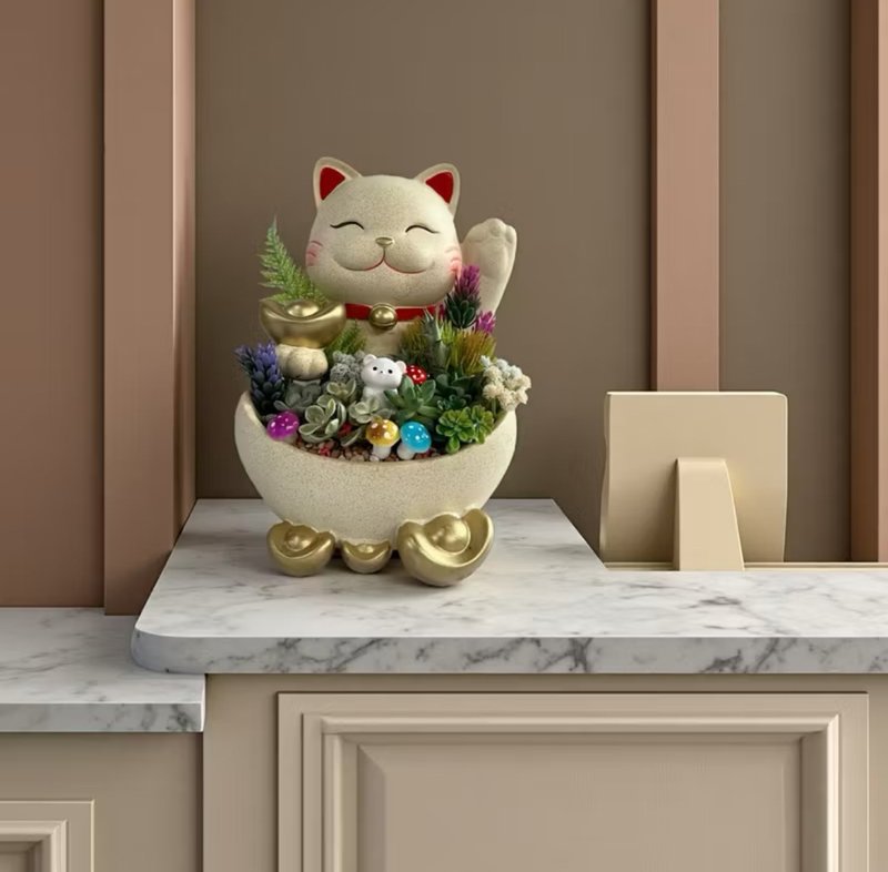 【Money Arrives Lucky Cat】Succulent & Cactus Planter - Ideal for Grand Openings, New Homes, Promotions, Gifting, or Personal Enjoyment - ตกแต่งต้นไม้ - ดินเผา 