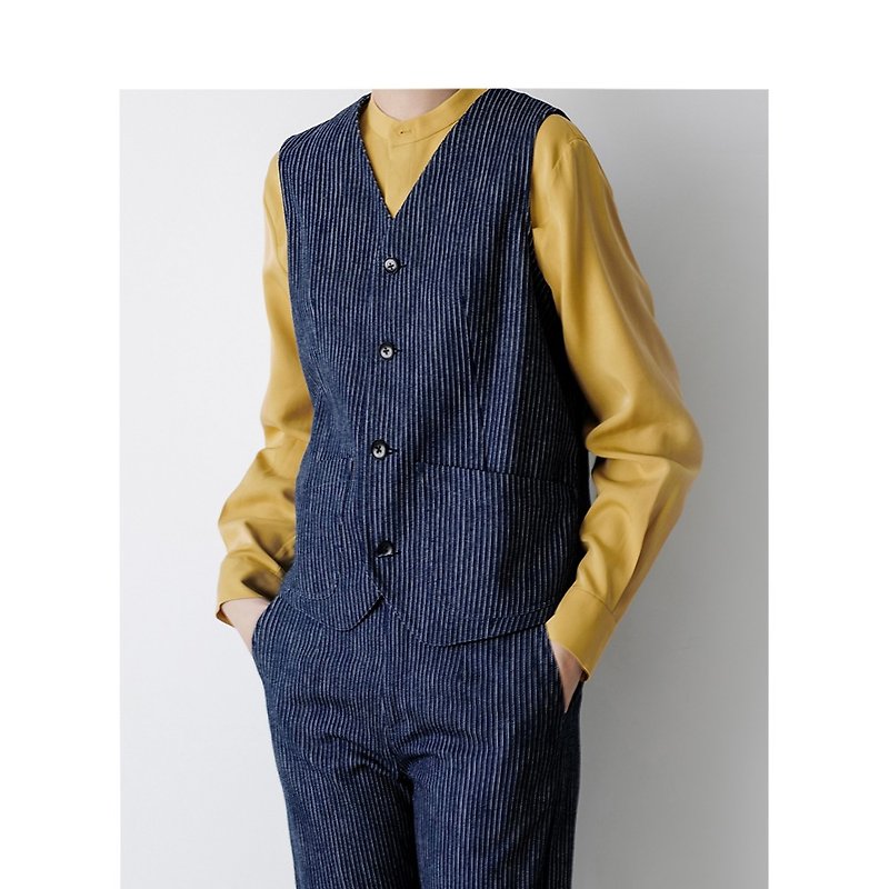 Chestnut Research Institute Gamine Nissan indigo retro striped single-layer V-neck casual denim suit vest - เสื้อผู้หญิง - ผ้าฝ้าย/ผ้าลินิน 