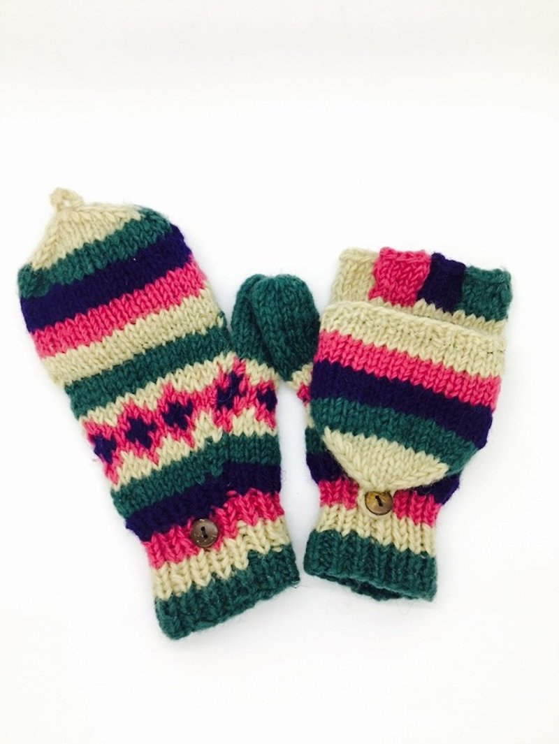 尼泊爾100%wool手工厚針織純羊毛手套-桃x藍x綠 北歐風格 - 手套/手襪 - 羊毛 多色