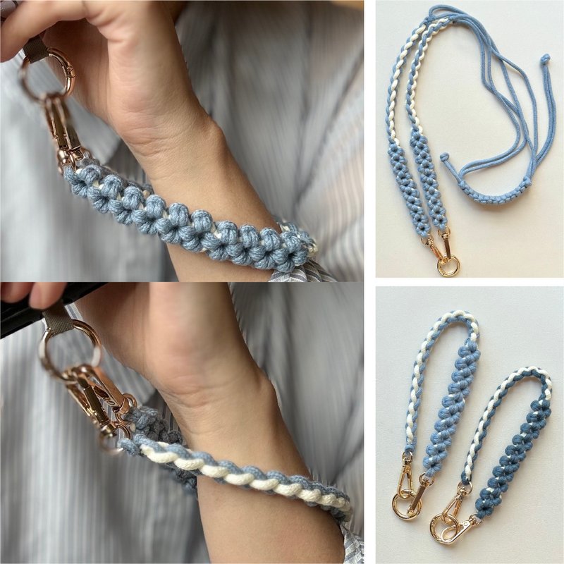 水系 ⋯ 編織空心花 調節式 手機掛繩 手機背帶 - 手機掛繩/背帶 - 棉．麻 藍色