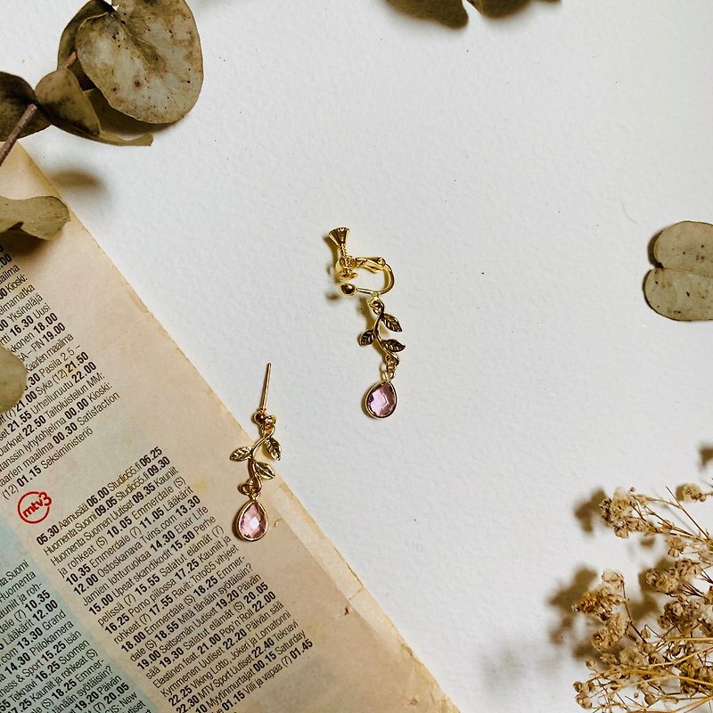 vividesign日本 玻璃 花型 氣質 耳環 - 耳環/耳夾 - 銅/黃銅 粉紅色