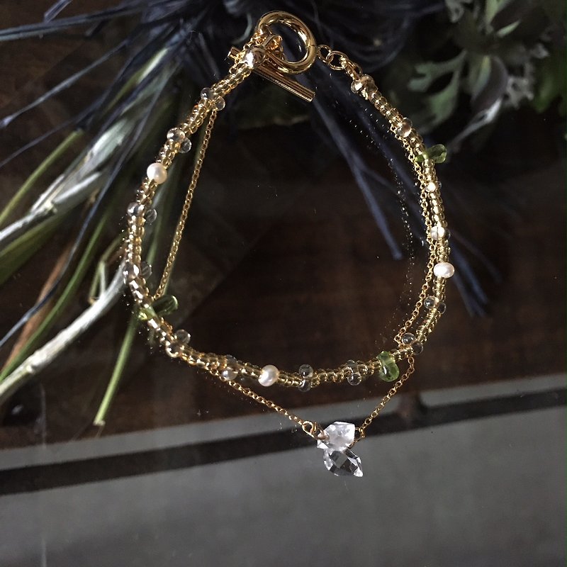 原石のハーキマーダイヤモンドとビーズ2連ブレスレッド - 手鍊/手鐲 - 水晶 透明