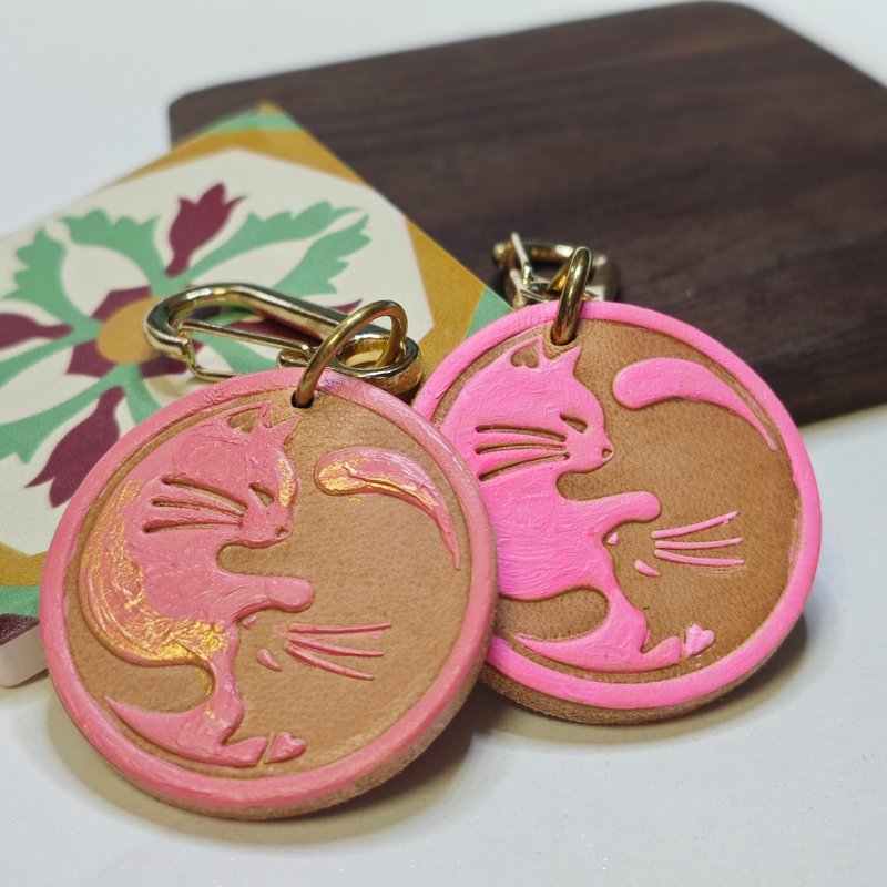 Tai Chi Cat Hand Painted Leather Pendant Keychain - Charms - Genuine Leather Pink