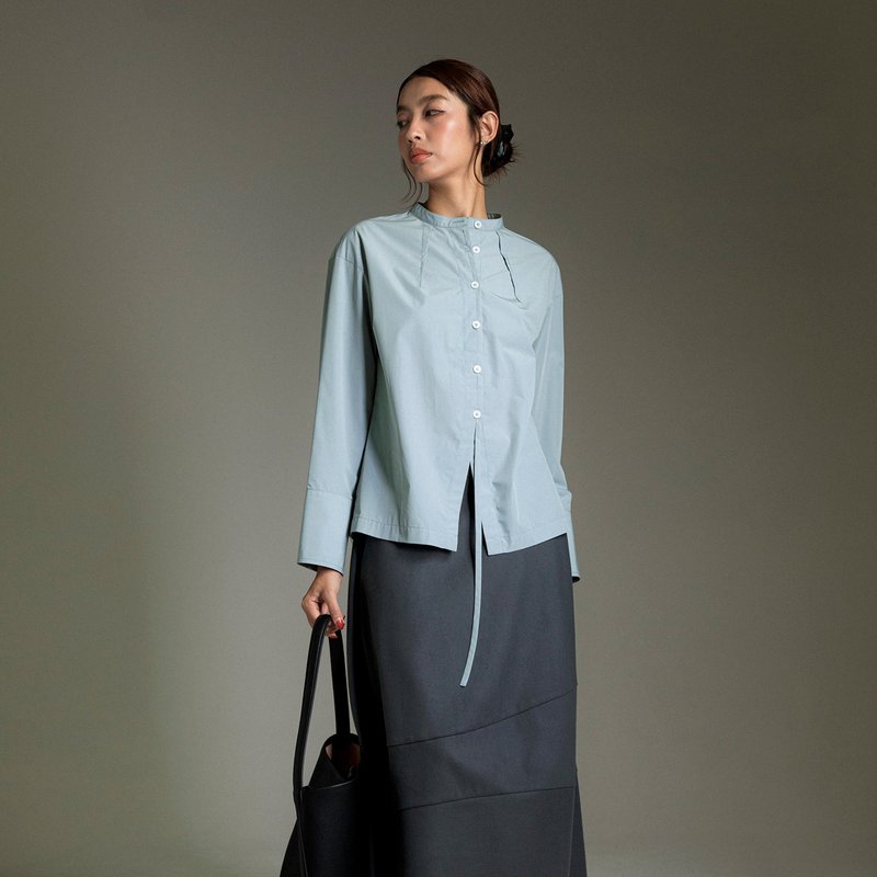 褶飾亨利領修身襯衫 - 女裝恤衫 - 其他材質 藍色