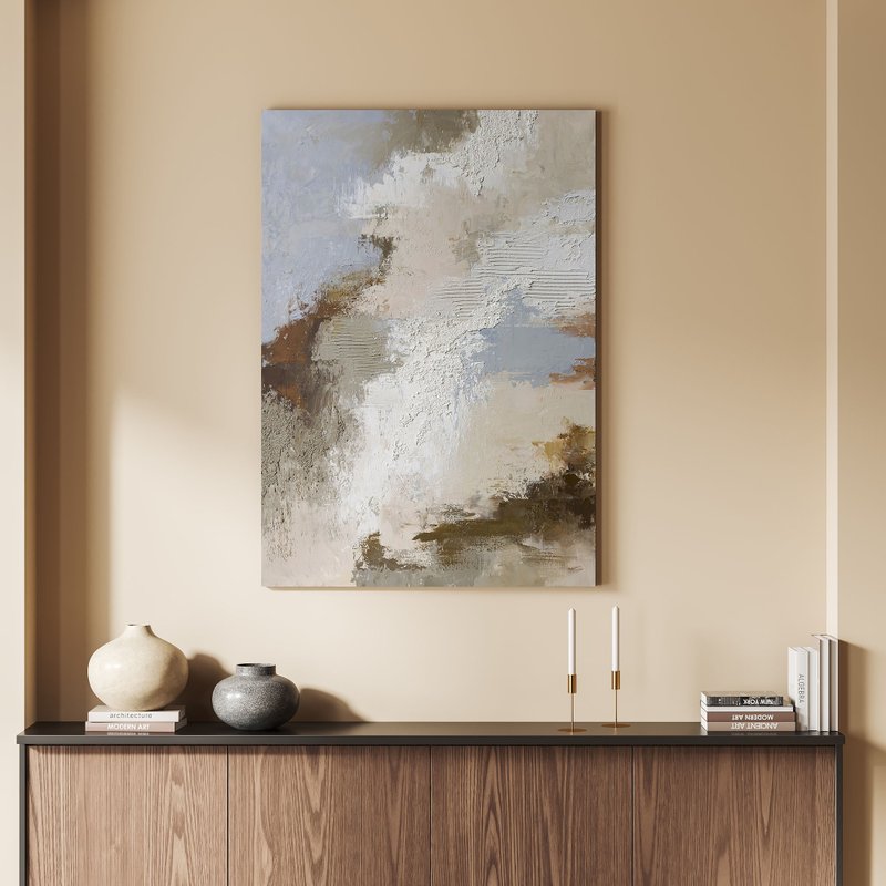 Abstract Blue Gray Canvas Art | Acrylic Painting Blue Beige Abstract | Fjord - 壁貼/牆壁裝飾 - 棉．麻 藍色