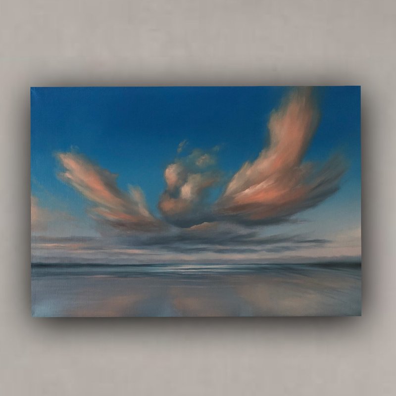 Original Oil Landscape On Canvas Clouds Painting Seascape Sky Painting Blue Art - 壁貼/牆壁裝飾 - 棉．麻 多色