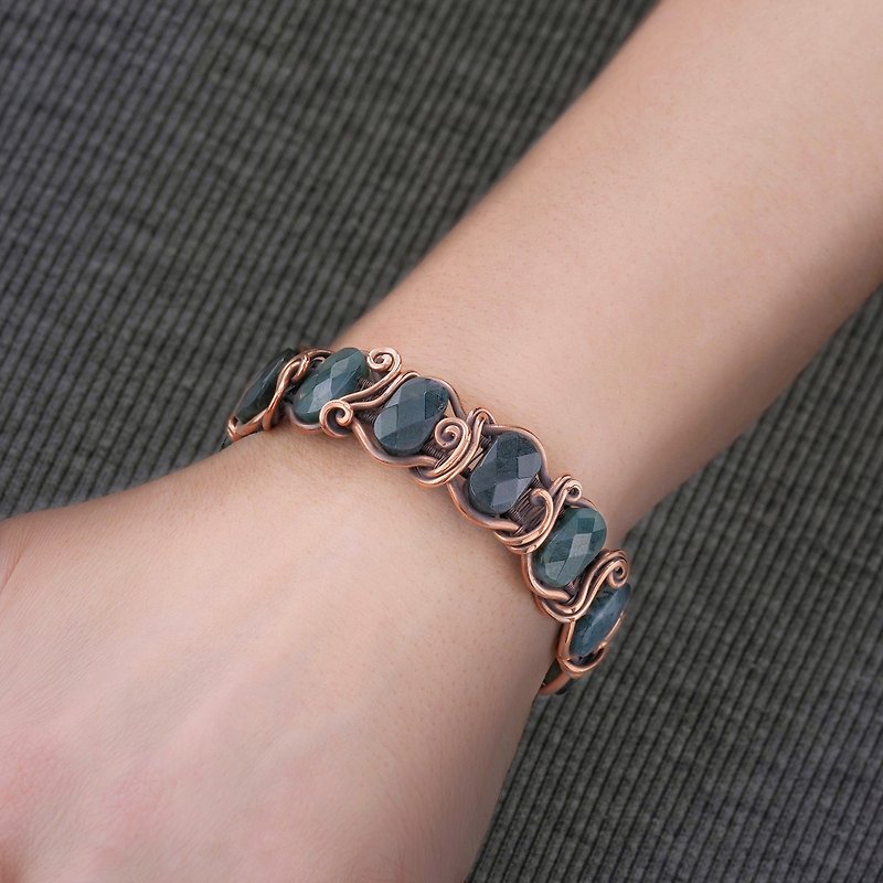 Green jasper bracelet for her Woven copper wire gemstone bracelet Art jewelry