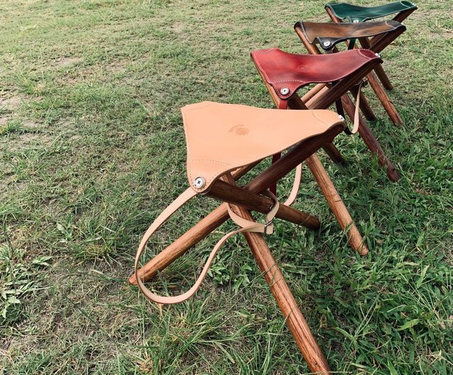 Folding Leather Camping Stool, Genuine Cow Leather Triangular Seat