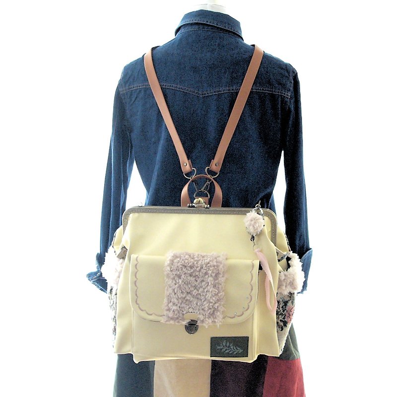 3 WAY back pocket & righ zipper attaching BIG backpack full set Cream mustard - กระเป๋าเป้สะพายหลัง - หนังเทียม สีเหลือง