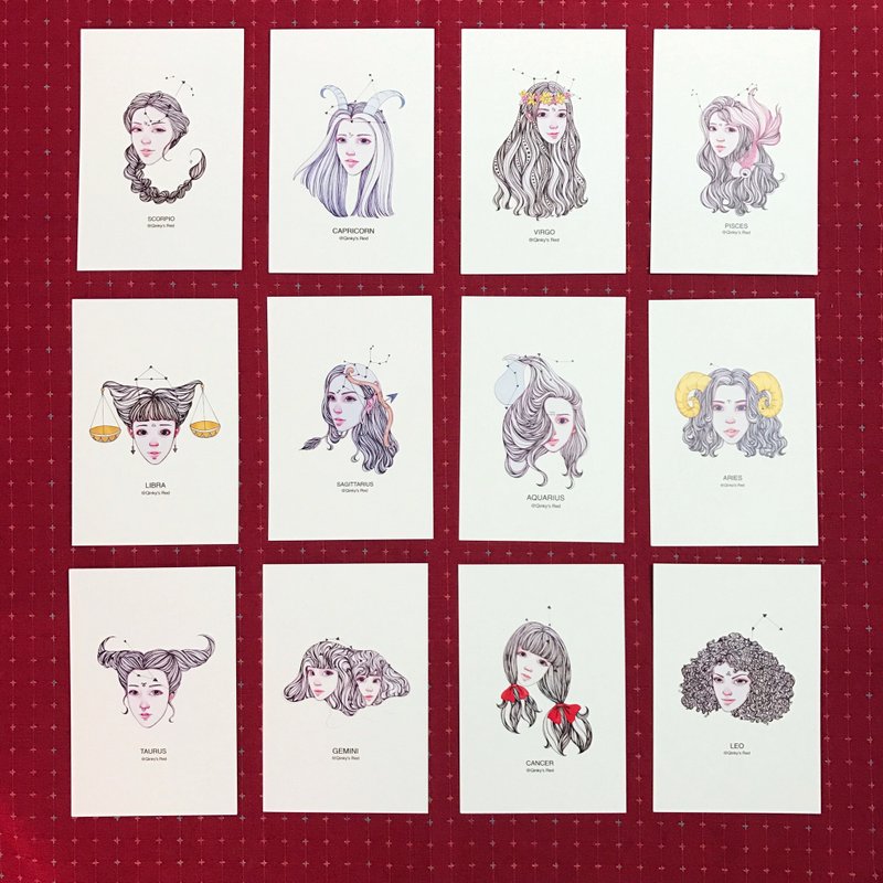 明信片 12星座 Qinky's Red/原創設計/星座/卡片 - 卡片/明信片 - 紙 