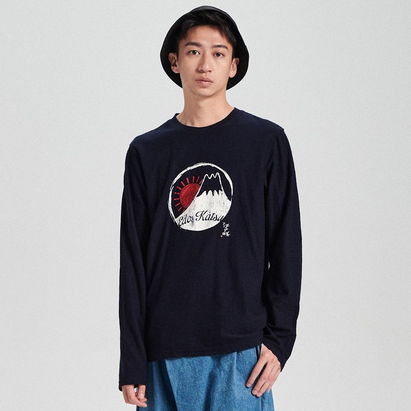 Edo Katsu Sun Fuji Mount Long Sleeve T-Shirt - Men's (3 feet blue) - เสื้อยืดผู้ชาย - ผ้าฝ้าย/ผ้าลินิน สีน้ำเงิน