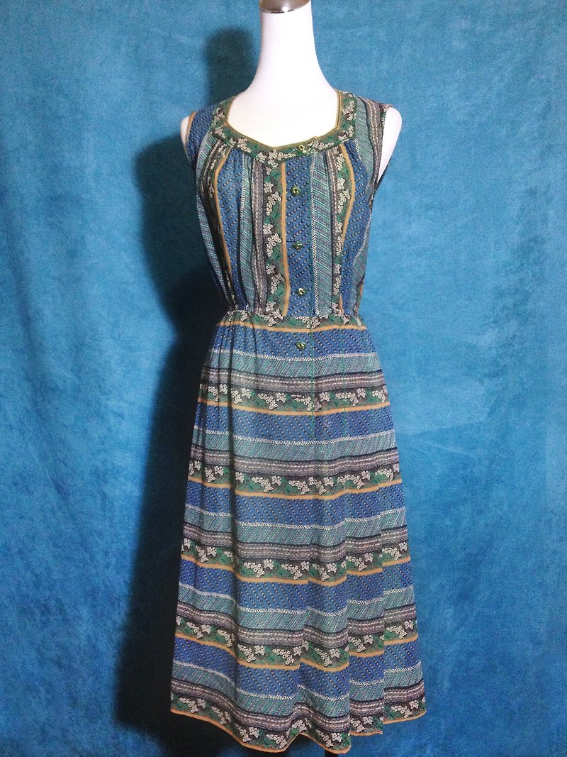 Ping pong ancient [ancient dress / totem printing blue and green sleeveless ancient dress] abroad back to VINTAGE - One Piece Dresses - Polyester Multicolor