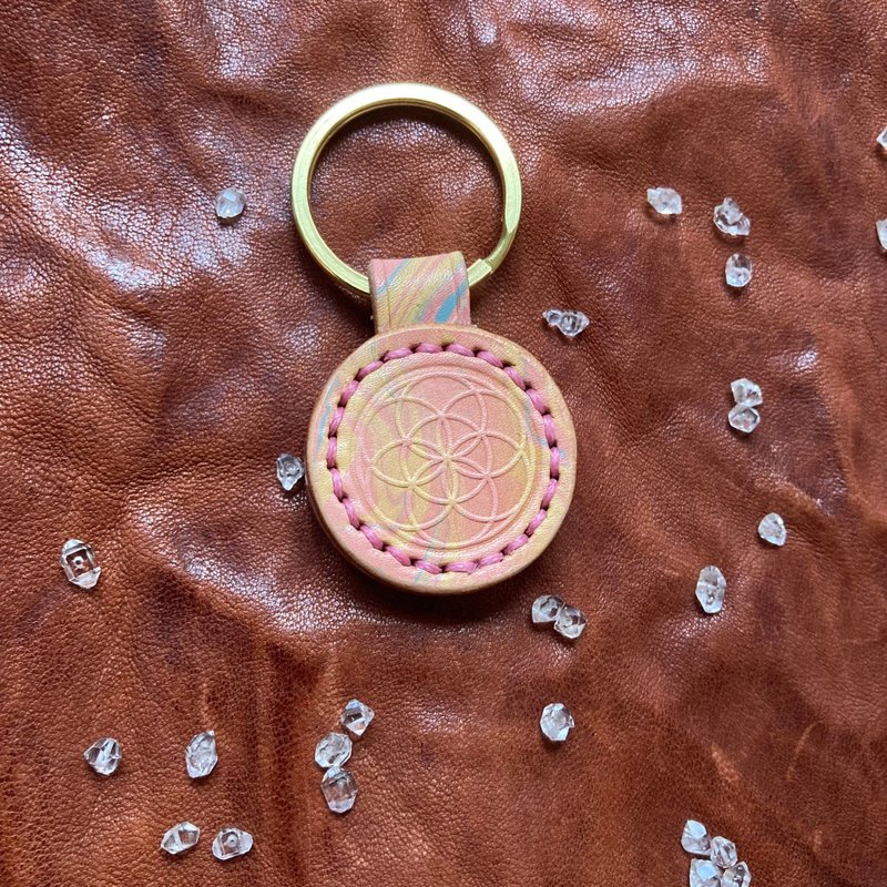 -Seed of life- Marbling leather keychain - Keychains - Genuine Leather Pink