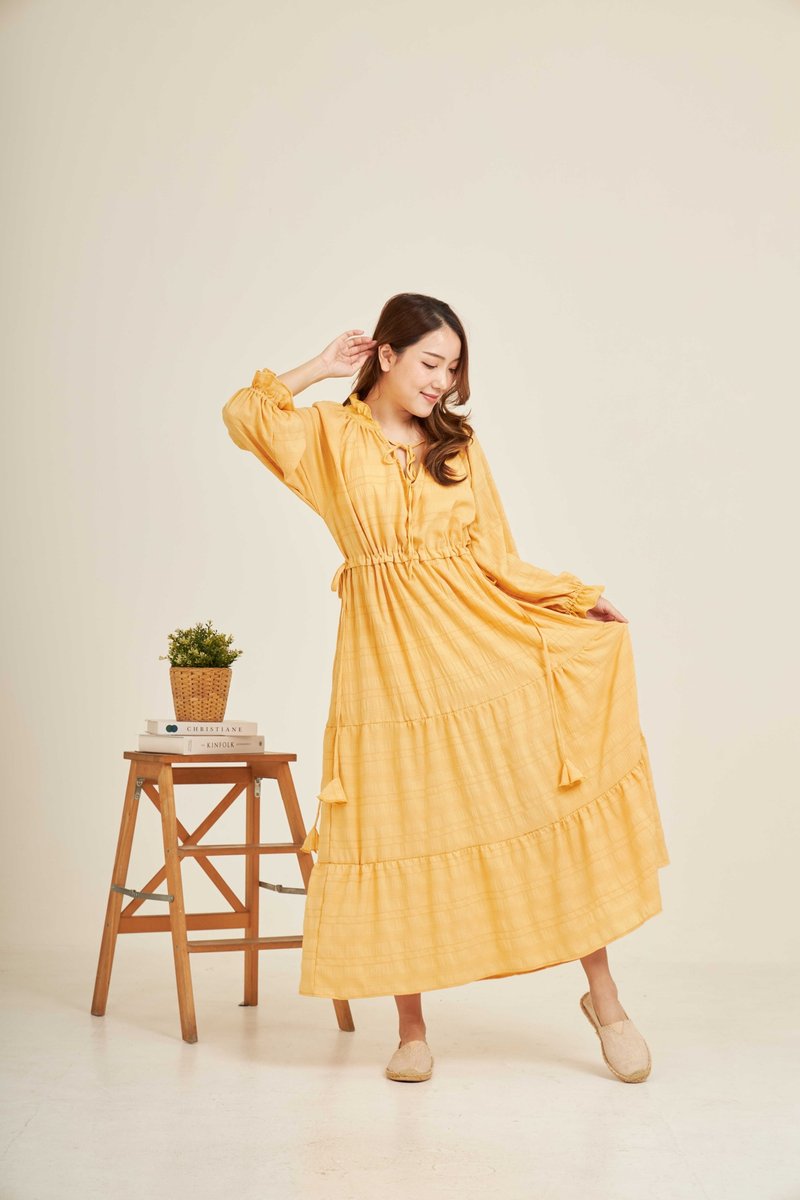 BUALOY - long sleeves ruffle dress (yellow) - One Piece Dresses - Cotton & Hemp Yellow