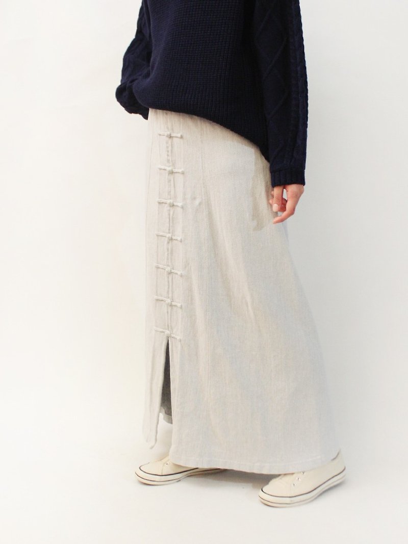 Vintage European Simple Chinese knot design cotton gray elastic waist vintage dress - Skirts - Cotton & Hemp Gray