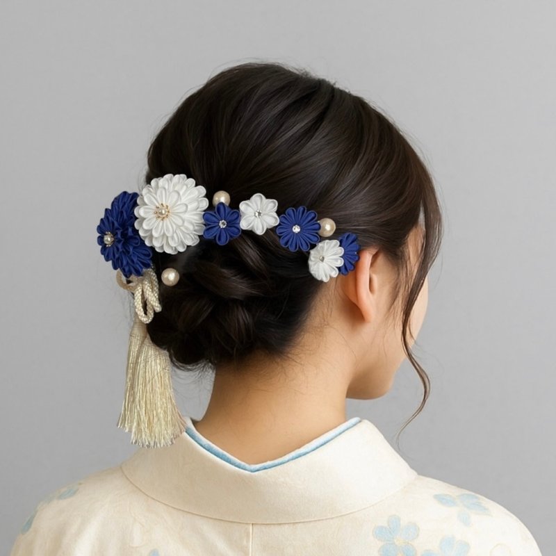 海军蓝与白色绢布花发饰套装 – 高雅日式簪子 - 髮夾/髮圈 - 絲．絹 藍色