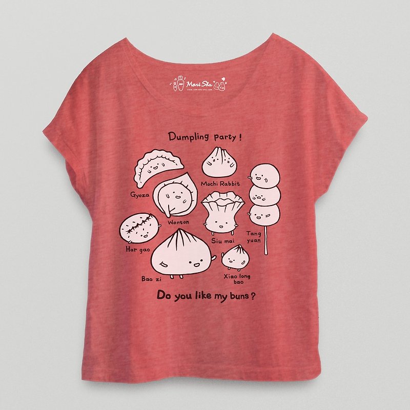 Dumpling party! T-shirt - กางเกงขาสั้น - ผ้าฝ้าย/ผ้าลินิน สีแดง